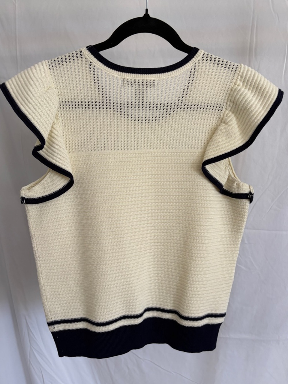 Cream Knit Ruffle Sleeve Sweater with Navy Trim - Picture 2 of 5